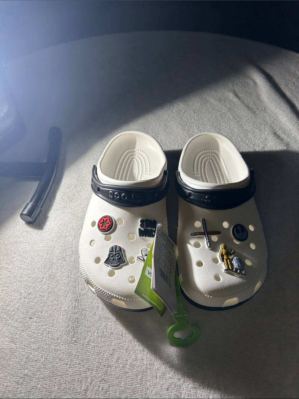 CROCS White Clog Sandals with Black Heel Strap and Multicolor Charms